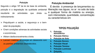 TIPOS POLUIÇÃO
1. Poluição
Atmosférica
2. Poluição Hídrica
3. Poluição do Solo
4. Poluição Sonora
5. Poluição Visual
6. Poluição Térmica
7. Poluição Luminosa
8. Poluição
Poluição
Segundo o artigo 19º da lei de base do ambiente,
poluição é a degradação da qualidade ambiental
resultante de actividades que direta ou
indirectamente:
 Prejudiquem a saúde, a segurança e o bem-
estar da população;
 Criem condições adversas às actividades sociais
e económicas,
 Afetem desfavoravelmente a biota;
 Lancem matérias ou energia em desacordo com
os padrões ambientais estabelecidos.
Poluição Ambiental
É devido à presença de lançamentos ou
liberação nas águas, no ar no solo de toda
e qualquer forma de matéria ou energia,
com intensidade, quantidade, concentração
ou características em
 