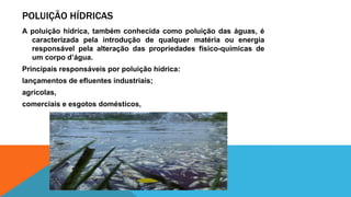 POLUIÇÃO HÍDRICAS
A poluição hídrica, também conhecida como poluição das águas, é
caracterizada pela introdução de qualquer matéria ou energia
responsável pela alteração das propriedades físico-químicas de
um corpo d’água.
Principais responsáveis por poluição hídrica:
lançamentos de efluentes industriais;
agrícolas,
comerciais e esgotos domésticos,
 