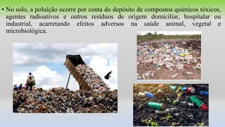 • No solo, a poluição ocorre por conta do depósito de compostos químicos tóxicos,
agentes radioativos e outros resíduos de origem domiciliar, hospitalar ou
industrial, acarretando efeitos adversos na saúde animal, vegetal e
microbiológica.
 