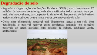 Degradação do solo
• Segundo a Organização das Nações Unidas ( ONU) , aproximadamente 12
milhões de hectares do solo agrícola são danificados todos os anos, seja por
meio das monoculturas, da compactação do solo, do lançamento de defensivos
agrícolas, da erosão, ou dentre tantos outros uso inadequado do solo.
• Como uma alimentação saudável está diretamente ligada a um solo bem
equilibrado, é possível resolver esses problemas pensando em soluções
possíveis de serem adotadas com: rotação de cultura, adubação verde,
afolhamento.
 