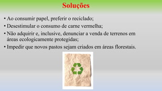 Soluções
• Ao consumir papel, preferir o reciclado;
• Desestimular o consumo de carne vermelha;
• Não adquirir e, inclusive, denunciar a venda de terrenos em
áreas ecologicamente protegidas;
• Impedir que novos pastos sejam criados em áreas florestais.
 
