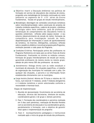 Educação Ambiental   59


 Objetivo: Inserir a Educação Ambiental nas políticas de
 formação em serviço de educadores dos sistemas de ensino,
 propondo uma metodologia de formação continuada em meio
 ambiente no segmento de 5ª à 8ª séries do Ensino
 Fundamental, focada em grupos de estudo interdiciplinares.
 Metodologia: Abordagem de conteúdos conceituais temáticos
 sobre interdisciplinaridade; sobre construção de projetos de
 trabalho (módulos específicos, caderno de projeto, coletânea
 de artigos sobre meio ambiente, guia do professor);
 tematização do comportamento dos educadores frente às
 questões ambientais; reflexão sobre espaço escolar e seu
 entorno (desenvolvimento do estudo do meio); formação da
 competência para investigação (estudo do meio,
 disponibilização de informações e canais de aprofundamento
 da temática, via Internet, bibliografias, contatos); reflexão
 sobre a seqüência didática/conceitual proposta pelo Programa;
 avaliação pautada a cada passo do Programa.
 Condições/Critérios: Participação prévia dos professores no
 Programa Parâmetros em Ação para as séries finais do Ensino
 Fundamental, finalizando no mínimo os módulos comuns;
 formação de grupos interdisciplinares de estudo por escola,
 garantindo professores da mesma escola no mesmo grupo;
 adesão de pelo menos 50% dos professores da escola.
 Atendimento: Diálogo direto com as redes estaduais e
 municipais de educação. Em situações específicas, o trabalho
 de organização dos municípios foi realizado com o pólo. Em
 qualquer das situações, a parceria e as informações foram
 estabelecidas diretamente com os municípios.
 Carga horária flexível: Mínimo de 75 horas e máximo de 115
 horas, num total de 11 módulos, sendo 7 módulos obrigatórios
 e 4 módulos temáticos a serem selecionados conforme a
 necessidade e interesse local.
Etapas de Implementação:
 1. Reunião de Apresentação: Envolvimento de secretários de
    educação, técnicos das Secretarias, diretores de escolas,
    coordenadores-gerais e de grupo e demais parceiros;
 2. Fase 1: Formação dos coordenadores e parceiros realizada
    em 5 dias (sem plenárias); realização de Reunião Paralela
    com os secretários de educação e/ou coordenadores-gerais,
    paralelamente à formação, com o objetivo de garantir
    total apoio à implementação do programa
 3. Fase 2: Acompanhamento pedagógico e institucional
    realizado após o início do grupo de estudo dos professores.
 