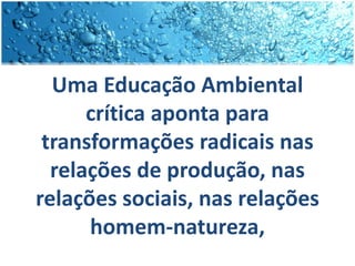 Uma Educação Ambiental
crítica aponta para
transformações radicais nas
relações de produção, nas
relações sociais, nas relações
homem-natureza,
 