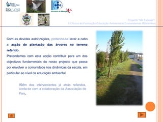 João Paulo Silva
Projecto "Mil Escolas":
II Oficina de Formação-Educação Ambiental e Ecossistemas Ribeirinhos
Com as devidas autorizações, pretende-se levar a cabo
a acção de plantação das árvores no terreno
referido.
Pretendemos com esta acção contribuir para um dos
objectivos fundamentais do nosso projecto que passa
por envolver a comunidade nas dinâmicas da escola, em
particular ao nível da educação ambiental.
Além dos intervenientes já atrás referidos,
conta-se com a colaboração da Associação de
Pais.
 