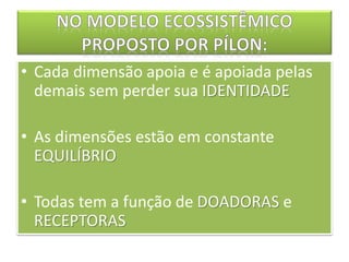 • Cada dimensão apoia e é apoiada pelas
demais sem perder sua IDENTIDADE
• As dimensões estão em constante
EQUILÍBRIO
• Todas tem a função de DOADORAS e
RECEPTORAS
 