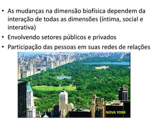 • As mudanças na dimensão biofísica dependem da
interação de todas as dimensões (íntima, social e
interativa)
• Envolvendo setores públicos e privados
• Participação das pessoas em suas redes de relações
NOVA YORK
 