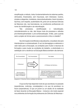 192
simplificação e método, tratou fundamentalmente de sistemas padrão,
otimizados, linearizados, sem impurezas, sem interesses: neutros,
simples e elegantes, modelares, descontextualizados. Assim tomada a
Química, com respeito, austeridade e fé, junto com as demais Ciências
da Natureza vão, nas licenciaturas, se constituindo profissionais em
nome da cientificização e da naturalização.
Tais processos, cientificização e naturalização,
coincidentemente ou não, são forças rivais de processos e atitudes
pró-interdisciplinaridade e pró-contextualização. Então, para quando
será o projeto de formar para o posicionamento crítico e cidadão?
Seaformaçãoécientificistaenaturalizante,oresultadonãoserá
interdisciplinar e contextualizado. E se é só demagógico e eleitoreiro o
valor dado para a Educação, as condições para mudar a natureza da
formação e para mudar as condições de trabalho, a atratividade e a
satisfação com a docência na Educação Básica também vão demorar.
Na Universidade. Na Universidade. Na cidade.
O Químico!
o Professor de Química...
Que dá aulas e
forma profissionais;
então, é Professor.
Veio da Faculdade ou da Universidade,
sabe Química e gostaria de ser Químico,
trabalhar na indústria ou ser pesquisador.
Às vezes ele é chamado para ou resolve ir
fazer Mestrado.
Esquema 2: O Químico forma o professor de Química.
O que se faz hoje depende muito do que aconteceu no passado
(experiências, vivências, constatações) e do que irá acontecer no
futuro (expectativas). O que um jovem ou um adulto vê na realidade
do fazer docente na Educação Básica – inclusive e de modo especial
nos ambientes de formação de professores de Ciências da Natureza –
FORMA
 