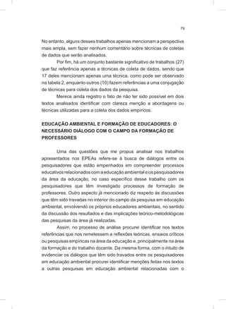 79
No entanto, alguns desses trabalhos apenas mencionam a perspectiva
mais ampla, sem fazer nenhum comentário sobre técnicas de coletas
de dados que serão analisados.
Por fim, há um conjunto bastante significativo de trabalhos (27)
que faz referência apenas a técnicas de coleta de dados, sendo que
17 deles mencionam apenas uma técnica, como pode ser observado
na tabela 2, enquanto outros (10) fazem referências a uma conjugação
de técnicas para coleta dos dados da pesquisa.
Merece ainda registro o fato de não ter sido possível em dois
textos analisados identificar com clareza menção a abordagens ou
técnicas utilizadas para a coleta dos dados empíricos.
EDUCAÇÃO AMBIENTAL E FORMAÇÃO DE EDUCADORES: O
NECESSÁRIO DIÁLOGO COM O CAMPO DA FORMAÇÃO DE
PROFESSORES
Uma das questões que me propus analisar nos trabalhos
apresentados nos EPEAs refere-se à busca de diálogos entre os
pesquisadores que estão empenhados em compreender processos
educativos relacionados com a educação ambiental e os pesquisadores
da área da educação, no caso específico desse trabalho com os
pesquisadores que têm investigado processos de formação de
professores. Outro aspecto já mencionado diz respeito às discussões
que têm sido travadas no interior do campo da pesquisa em educação
ambiental, envolvendo os próprios educadores ambientais, no sentido
da discussão dos resultados e das implicações teórico-metodológicas
das pesquisas da área já realizadas.
Assim, no processo de análise procurei identificar nos textos
referências que nos remetessem a reflexões teóricas, ensaios críticos
ou pesquisas empíricas na área da educação e, principalmente na área
da formação e do trabalho docente. Da mesma forma, com o intuito de
evidenciar os diálogos que têm sido travados entre os pesquisadores
em educação ambiental procurei identificar menções feitas nos textos
a outras pesquisas em educação ambiental relacionadas com o
 