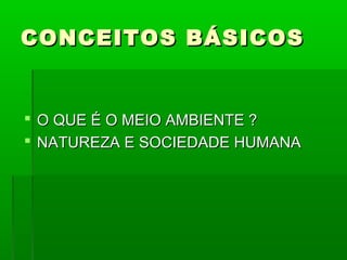 CONCEITOS BÁSICOS


 O QUE É O MEIO AMBIENTE ?
 NATUREZA E SOCIEDADE HUMANA
 