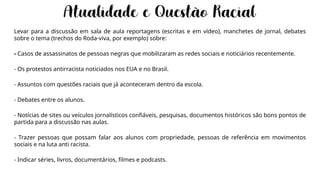 Levar para a discussão em sala de aula reportagens (escritas e em vídeo), manchetes de jornal, debates
sobre o tema (trechos do Roda-viva, por exemplo) sobre:
- Casos de assassinatos de pessoas negras que mobilizaram as redes sociais e noticiários recentemente.
- Os protestos antirracista noticiados nos EUA e no Brasil.
- Assuntos com questões raciais que já aconteceram dentro da escola.
- Debates entre os alunos.
- Notícias de sites ou veículos jornalísticos confiáveis, pesquisas, documentos históricos são bons pontos de
partida para a discussão nas aulas.
- Trazer pessoas que possam falar aos alunos com propriedade, pessoas de referência em movimentos
sociais e na luta anti racista.
- Indicar séries, livros, documentários, filmes e podcasts.
 