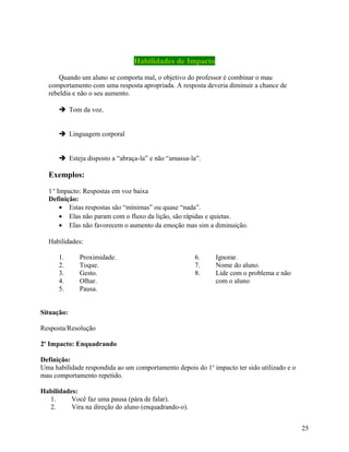 Habilidades de Impacto
Quando um aluno se comporta mal, o objetivo do professor é combinar o mau
comportamento com uma resposta apropriada. A resposta deveria diminuir a chance de
rebeldia e não o seu aumento.
 Tom da voz.
 Linguagem corporal
 Esteja disposto a “abraça-la” e não “amassa-la”.

Exemplos:
1 o Impacto: Respostas em voz baixa
Definição:
• Estas respostas são “mínimas” ou quase “nada”.
• Elas não param com o fluxo da lição, são rápidas e quietas.
• Elas não favorecem o aumento da emoção mas sim a diminuição.
Habilidades:
1.
2.
3.
4.
5.

Proximidade.
Toque.
Gesto.
Olhar.
Pausa.

6.
7.
8.

Ignorar.
Nome do aluno.
Lide com o problema e não
com o aluno

Situação:
Resposta/Resolução
2o Impacto: Enquadrando
Definição:
Uma habilidade respondida ao um comportamento depois do 1o impacto ter sido utilizado e o
mau comportamento repetido.
Habilidades:
1.
Você faz uma pausa (pára de falar).
2.
Vira na direção do aluno (enquadrando-o).
25

 