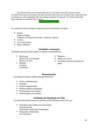 Isto funciona bem com crianças mais novas, e há muitos currículos que provê uma
excelente fonte para este formato. Ele não funciona muito bem com crianças mais velhas pois não
as introduz ao culto congregacional mas começa a prepara-las para ele. As sessões extras têm
lugar limitado no ministério das Crianças.

Atividades Artísticas
As crianças de todas as idades se expressam através da pintura e da linha.






Painéis
Figuras pintadas
Colagens com figuras de revistas – palavras e figuras.
Cartões
Livros para pintar
Selos e silhuetas

Atividades Artesanais
Atividades artesanais podem ajudar as crianças a testemunharem.




Marionetes
Bonecos de saco de papel
Bonecos de meia
Modelos
Escultura
Construção





Maquetes
Mapas com relevo
Atividades artísticas em pratos de
papel

Dramatizações
As crianças de todas as idades apreciam dramatizar.







Textos e dramatizações.
Charadas.
Histórias dramatizadas.
Histórias Bíblicas interagidas.
Dramatização com bonecos.
Dramatizações com sombra.

Atividades de Simulação da Vida
As criancinhas podem brincar de casinha; juvenis planejam em ter uma casa.




Atividades relacionadas com alimentação
Fazendo lanches
Preparando comida para desabrigados
Planejando e Elaborando
Um casamento
29

 