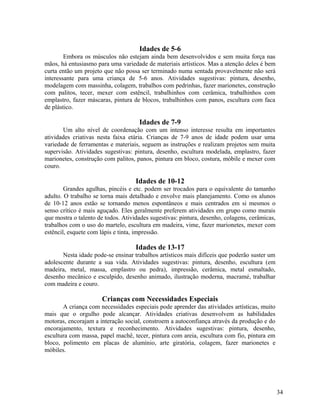 Idades de 5-6
Embora os músculos não estejam ainda bem desenvolvidos e sem muita força nas
mãos, há entusiasmo para uma variedade de materiais artísticos. Mas a atenção deles é bem
curta então um projeto que não possa ser terminado numa sentada provavelmente não será
interessante para uma criança de 5-6 anos. Atividades sugestivas: pintura, desenho,
modelagem com massinha, colagem, trabalhos com pedrinhas, fazer marionetes, construção
com palitos, tecer, mexer com estêncil, trabalhinhos com cerâmica, trabalhinhos com
emplastro, fazer máscaras, pintura de blocos, trabalhinhos com panos, escultura com faca
de plástico.

Idades de 7-9
Um alto nível de coordenação com um intenso interesse resulta em importantes
atividades criativas nesta faixa etária. Crianças de 7-9 anos de idade podem usar uma
variedade de ferramentas e materiais, seguem as instruções e realizam projetos sem muita
supervisão. Atividades sugestivas: pintura, desenho, escultura modelada, emplastro, fazer
marionetes, construção com palitos, panos, pintura em bloco, costura, móbile e mexer com
couro.

Idades de 10-12
Grandes agulhas, pincéis e etc. podem ser trocados para o equivalente do tamanho
adulto. O trabalho se torna mais detalhado e envolve mais planejamento. Como os alunos
de 10-12 anos estão se tornando menos espontâneos e mais centrados em si mesmos o
senso crítico é mais aguçado. Eles geralmente preferem atividades em grupo como murais
que mostra o talento de todos. Atividades sugestivas: pintura, desenho, colagens, cerâmicas,
trabalhos com o uso do martelo, escultura em madeira, vime, fazer marionetes, mexer com
estêncil, esquete com lápis e tinta, impressão.

Idades de 13-17
Nesta idade pode-se ensinar trabalhos artísticos mais difíceis que poderão suster um
adolescente durante a sua vida. Atividades sugestivas: pintura, desenho, escultura (em
madeira, metal, massa, emplastro ou pedra), impressão, cerâmica, metal esmaltado,
desenho mecânico e esculpido, desenho animado, ilustração moderna, macramé, trabalhar
com madeira e couro.

Crianças com Necessidades Especiais
A criança com necessidades especiais pode aprender das atividades artísticas, muito
mais que o orgulho pode alcançar. Atividades criativas desenvolvem as habilidades
motoras, encorajam a interação social, constroem a autoconfiança através da produção e do
encorajamento, textura e reconhecimento. Atividades sugestivas: pintura, desenho,
escultura com massa, papel machê, tecer, pintura com areia, escultura com fio, pintura em
bloco, polimento em placas de alumínio, arte giratória, colagem, fazer marionetes e
móbiles.

34

 