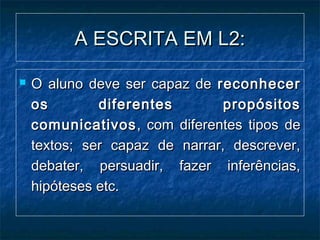 A ESCRITA EM L2:A ESCRITA EM L2:
 O aluno deve ser capaz deO aluno deve ser capaz de reconhecerreconhecer
os diferentes propósitosos diferentes propósitos
comunicativoscomunicativos, com diferentes tipos de, com diferentes tipos de
textos; ser capaz de narrar, descrever,textos; ser capaz de narrar, descrever,
debater, persuadir, fazer inferências,debater, persuadir, fazer inferências,
hipóteses etc.hipóteses etc.
 