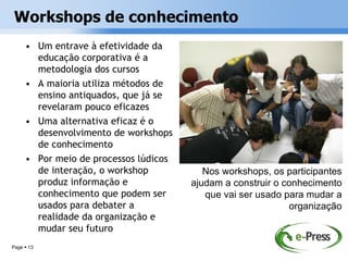 Workshops de conhecimento
     • Um entrave à efetividade da
       educação corporativa é a
       metodologia dos cursos
     • A maioria utiliza métodos de
       ensino antiquados, que já se
       revelaram pouco eficazes
     • Uma alternativa eficaz é o
       desenvolvimento de workshops
       de conhecimento
     • Por meio de processos lúdicos
       de interação, o workshop           Nos workshops, os participantes
       produz informação e             ajudam a construir o conhecimento
       conhecimento que podem ser         que vai ser usado para mudar a
       usados para debater a                                 organização
       realidade da organização e
       mudar seu futuro
Page  13
 