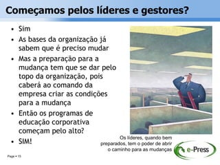 Começamos pelos líderes e gestores?
  • Sim
  • As bases da organização já
    sabem que é preciso mudar
  • Mas a preparação para a
    mudança tem que se dar pelo
    topo da organização, pois
    caberá ao comando da
    empresa criar as condições
    para a mudança
  • Então os programas de
    educação corporativa
    começam pelo alto?
                                    Os líderes, quando bem
  • SIM!                    preparados, tem o poder de abrir
                                    o caminho para as mudanças
Page  15
 
