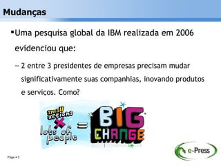 Mudanças

   Uma pesquisa global da IBM realizada em 2006
    evidenciou que:
     – 2 entre 3 presidentes de empresas precisam mudar
           significativamente suas companhias, inovando produtos
           e serviços. Como?




Page  3
 