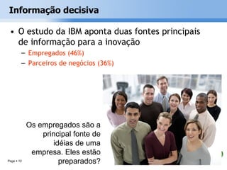 Informação decisiva

 • O estudo da IBM aponta duas fontes principais
   de informação para a inovação
        – Empregados (46%)
        – Parceiros de negócios (36%)




            Os empregados são a
                principal fonte de
                    idéias de uma
             empresa. Eles estão
Page  10             preparados?
 