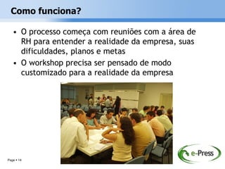 Como funciona?

   • O processo começa com reuniões com a área de
     RH para entender a realidade da empresa, suas
     dificuldades, planos e metas
   • O workshop precisa ser pensado de modo
     customizado para a realidade da empresa




Page  14
 