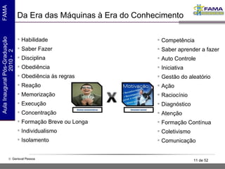 Da Era das Máquinas à Era do Conhecimento Habilidade Saber Fazer Disciplina Obediência Obediência às regras Reação  Memorização  Execução Concentração  Formação Breve ou Longa Individualismo Isolamento  Competência Saber aprender a fazer Auto Controle Iniciativa Gestão do aleatório Ação Raciocínio Diagnóstico Atenção Formação Contínua Coletivismo Comunicação 