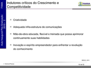 Indutores críticos do Crescimento e Competitividade Criatividade Adequada infra-estrutura de comunicações Mão-de-obra educada, flexível e treinada que possa aprimorar continuamente suas habilidades Inovação e espírito empreendedor para enfrentar a revolução do conhecimento MDICE, 2010 