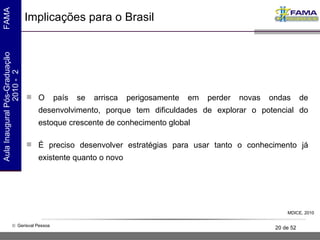 Implicações para o Brasil O país se arrisca perigosamente em perder novas ondas de desenvolvimento, porque tem dificuldades de explorar o potencial do estoque crescente de conhecimento global É preciso desenvolver estratégias para usar tanto o conhecimento já existente quanto o novo MDICE, 2010 