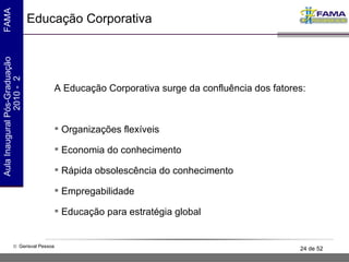 Educação Corporativa A Educação Corporativa surge da confluência dos fatores: Organizações flexíveis Economia do conhecimento Rápida obsolescência do conhecimento Empregabilidade Educação para estratégia global 
