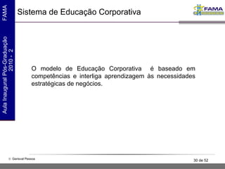 Sistema de Educação Corporativa O modelo de Educação Corporativa  é baseado em competências e interliga aprendizagem às necessidades estratégicas de negócios. 