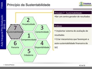 Princípio da Sustentabilidade Competitividade Perpetuidade Cidadania Conectividade Disponibilidade Sustentabilidade Parceria 1 2 5 3 4 7 6 Ser um centro gerador de resultados Princípio 7 - Sustentabilidade: Implantar sistema de avaliação de resultados Criar mecanismos que favoreçam a auto-sustentabilidade financeira do SEC Práticas 