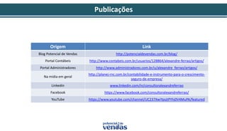 Publicações
Origem Link
Blog Potencial de Vendas http://potencialdevendas.com.br/blog/
Portal Contábeis http://www.contabeis.com.br/usuarios/128864/alexandre-ferrao/artigos/
Portal Administradores http://www.administradores.com.br/u/alexandre_ferrao/artigos/
Na mídia em geral
http://planej-rnc.com.br/contabilidade-e-instrumento-para-o-crescimento-
seguro-de-empresa/
Linkedin www.linkedin.com/in/consultoralexandreferrao
Facebook https://www.facebook.com/consultoralexandreferrao/
YouTube https://www.youtube.com/channel/UC237XwiYpsjtPYhj0V4MuPA/featured
 