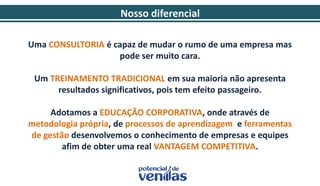 Nosso diferencial
Uma CONSULTORIA é capaz de mudar o rumo de uma empresa mas
pode ser muito cara.
Um TREINAMENTO TRADICIONAL em sua maioria não apresenta
resultados significativos, pois tem efeito passageiro.
Adotamos a EDUCAÇÃO CORPORATIVA, onde através de
metodologia própria, de processos de aprendizagem e ferramentas
de gestão desenvolvemos o conhecimento de empresas e equipes
afim de obter uma real VANTAGEM COMPETITIVA.
 