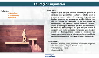 Soluções:
Workshops
Treinamentos
Palestras
Ideal para:
Empresas que desejam receber informações práticas e
objetivas, que possibilitam analisar o estado atual e
projetar o estado futuro da empresa. Empresas que
desejam implantar um processo de gestão eficiente com
foco na cultura de resultados e de indicadores de
desempenho. Que desejam alinhar processos, pessoas,
setores e tecnologias. Empresas em fase de crescimento,
em fase de reestruturação ou que desejam inovar e
competir com mais qualidade. Empresas que desejam
investir no desenvolvimento pessoal e emocional dos
colaboradores como meio de integrar, melhorar o ambiente
e proporcionar equilíbrio entre vida pessoal e profissional.
Informações:
Material de apoio, cases , exemplos, ferramentas de gestão
Workshop com opção para 8 ou 16 horas.
Treinamentos 4 horas
Palestras 1h30
Educação Corporativa
 
