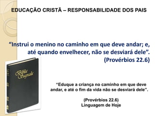 EDUCAÇÃO CRISTÃ – RESPONSABILIDADE DOS PAIS

“Instrui o menino no caminho em que deve andar; e,
até quando envelhecer, não se desviará dele”.
(Provérbios 22.6)

“Eduque a criança no caminho em que deve
andar, e até o fim da vida não se desviará dele”.
(Provérbios 22.6)
Linguagem de Hoje

 