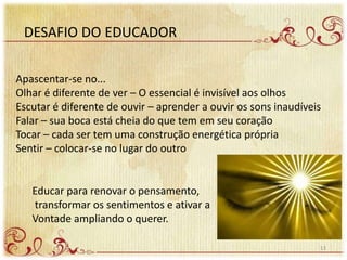 DESAFIO DO EDUCADOR
Apascentar-se no...
Olhar é diferente de ver – O essencial é invisível aos olhos
Escutar é diferente de ouvir – aprender a ouvir os sons inaudíveis
Falar – sua boca está cheia do que tem em seu coração
Tocar – cada ser tem uma construção energética própria
Sentir – colocar-se no lugar do outro
Educar para renovar o pensamento,
transformar os sentimentos e ativar a
Vontade ampliando o querer.
13
 
