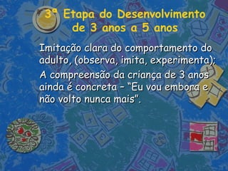 3ª Etapa do Desenvolvimento
de 3 anos a 5 anos
Imitação clara do comportamento doImitação clara do comportamento do
adulto, (observa, imita, experimenta);adulto, (observa, imita, experimenta);
A compreensão da criança de 3 anosA compreensão da criança de 3 anos
ainda é concreta – “Eu vou embora eainda é concreta – “Eu vou embora e
não volto nunca mais”.não volto nunca mais”.
 