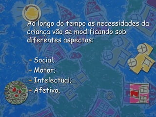 Ao longo do tempo as necessidades daAo longo do tempo as necessidades da
criança vão se modificando sobcriança vão se modificando sob
diferentes aspectos:diferentes aspectos:
– Social;Social;
– Motor;Motor;
– Intelectual;Intelectual;
– Afetivo.Afetivo.
 