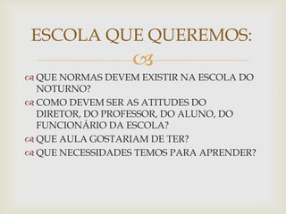 ESCOLA QUE QUEREMOS:
                  
 QUE NORMAS DEVEM EXISTIR NA ESCOLA DO
  NOTURNO?
 COMO DEVEM SER AS ATITUDES DO
  DIRETOR, DO PROFESSOR, DO ALUNO, DO
  FUNCIONÁRIO DA ESCOLA?
 QUE AULA GOSTARIAM DE TER?
 QUE NECESSIDADES TEMOS PARA APRENDER?
 