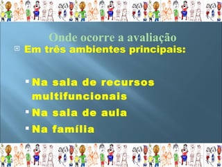 Em três ambientes principais: Na sala de recursos multifuncionais Na sala de aula  Na família Onde ocorre a avaliação 