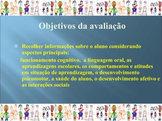 Recolher informações sobre o aluno considerando  aspectos principais:  funcionamento cognitivo,  a linguagem oral, as aprendizagens escolares, os comportamentos e atitudes em situação de aprendizagem, o desenvolvimento psicomotor, a saúde do aluno, o desenvolvimento afetivo e as interações sociais Objetivos da avaliação 