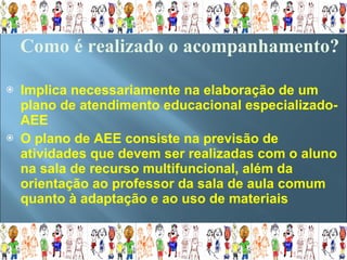 Implica necessariamente na elaboração de um plano de atendimento educacional especializado-AEE  O plano de AEE consiste na previsão de atividades que devem ser realizadas com o aluno na sala de recurso multifuncional, além da orientação ao professor da sala de aula comum  quanto à adaptação e ao uso de materiais Como é realizado o acompanhamento? 