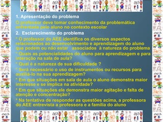 1. Apresentação do problema O professor deve tomar conhecimento da problemática enfrentada pelo aluno no contexto escolar 2.  Esclarecimento do problema * O professor do AEE identifica os diversos aspectos relacionados ao desenvolvimento e aprendizagem do aluno que podem ou não estar  associados  à natureza do problema * Q uais as potencialidades do aluno para aprendizagem e para interação na sala de aula? * Qual é a natureza de sua dificuldade ?  * Será necessário o uso de instrumentos ou recursos para auxiliá-lo na sua aprendizagem? * Em que situações em sala de aula o aluno demonstra maior interesse e se implica na atividade? * Em que situações ele demonstra maior agitação e falta de atenção e concentração? * Na tentativa de responder as questões acima, a professora do AEE entrevista a professora e a família do aluno 