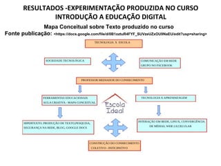 RESULTADOS -EXPERIMENTAÇÃO PRODUZIDA NO CURSO
INTRODUÇÃO A EDUCAÇÃO DIGITAL
Mapa Conceitual sobre Texto produzido no curso
Fonte publicação: <https://docs.google.com/file/d/0B1oztuR4FYF_SUVzeUZxOU9NaEU/edit?usp=sharing>

 