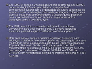 Em 1992, foi criada a Universidade Aberta de Brasília (Lei 403/92),Em 1992, foi criada a Universidade Aberta de Brasília (Lei 403/92),
podendo atingir três campos distintos: a ampliação dopodendo atingir três campos distintos: a ampliação do
conhecimento cultural com a organização de cursos específicos deconhecimento cultural com a organização de cursos específicos de
acesso a todos, a educação continuada, reciclagem profissional àsacesso a todos, a educação continuada, reciclagem profissional às
diversas categorias de trabalhadores e àqueles que já passaramdiversas categorias de trabalhadores e àqueles que já passaram
pela universidade; e o ensino superior, englobando tanto apela universidade; e o ensino superior, englobando tanto a
graduação como a pós-graduação.graduação como a pós-graduação.
Em 1994, teve início a expansão da Internet no ambienteEm 1994, teve início a expansão da Internet no ambiente
universitário. Dois anos depois, surgiu a primeira legislaçãouniversitário. Dois anos depois, surgiu a primeira legislação
específica para educação a distância no ensino superior.específica para educação a distância no ensino superior.
Dois anos depois, surgiu a primeira legislação específica paraDois anos depois, surgiu a primeira legislação específica para
educação a distância no ensino superior. As bases legais para essaeducação a distância no ensino superior. As bases legais para essa
modalidade foram estabelecidas pela Lei de Diretrizes e Bases namodalidade foram estabelecidas pela Lei de Diretrizes e Bases na
Educação Nacional n°9.394, de 20 de dezembro de 1996,Educação Nacional n°9.394, de 20 de dezembro de 1996,
regulamentada pelo decreto n°5.622 de 20 de dezembro de 2005,regulamentada pelo decreto n°5.622 de 20 de dezembro de 2005,
que revogou os decretos n°2.494 de 10/02/98, e n°2.561 deque revogou os decretos n°2.494 de 10/02/98, e n°2.561 de
27/04/98, com normatização definida na Portaria Ministerial n°4.36127/04/98, com normatização definida na Portaria Ministerial n°4.361
de 2004.de 2004.
 