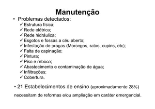 Manutenção
• Problemas detectados:
    Estrutura física;
    Rede elétrica;
    Rede hidráulica;
    Esgotos e fossas a céu aberto;
    Infestação de pragas (Morcegos, ratos, cupins, etc);
    Falta de capinação;
    Pintura;
    Piso e reboco;
    Abastecimento e contaminação de água;
    Infiltrações;
    Cobertura.

• 21 Estabelecimentos de ensino (aproximadamente 28%)
necessitam de reformas e/ou ampliação em caráter emergencial.
 