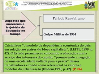 
Aspectos que
marcaram a
trajetória da
Educação no
Campo
Período Republicano
Cristalizou “o modelo de dependência econômica do país
em relação aos países do bloco capitalista”. (LEITE, 1999, p.
42). O Estado permaneceu colocando a educação rural a
serviço dos interesses do capital, “promovendo a negação
de uma escolaridade voltada para a práxis” desses
trabalhadores e tendo como referencial os valores e
modelos da urbanização (Ibidem,1999, p. 42). (P. 06)
Golpe Militar de 1964
 