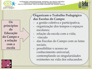 
Os
princípios
da
Educação
do Campo e
a relação
com a
escola
Organizam o Trabalho Pedagógico
das Escolas do Campo:
- a gestão coletiva e participativa;
- organização dos tempos e espaços
escolares;
- relação da escola com a vida;
- vínculo
- das Escolas do Campo com as lutas
sociais;
- possibilitar o acesso ao
conhecimento universal,
contemplando as singularidades
existentes na vida dos educandos.
 