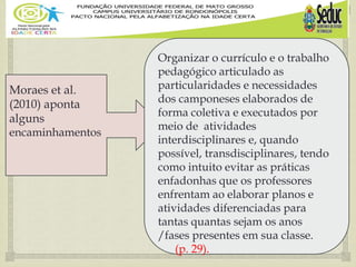 
Moraes et al.
(2010) aponta
alguns
encaminhamentos
Organizar o currículo e o trabalho
pedagógico articulado as
particularidades e necessidades
dos camponeses elaborados de
forma coletiva e executados por
meio de atividades
interdisciplinares e, quando
possível, transdisciplinares, tendo
como intuito evitar as práticas
enfadonhas que os professores
enfrentam ao elaborar planos e
atividades diferenciadas para
tantas quantas sejam os anos
/fases presentes em sua classe.
(p. 29).
 