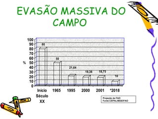 EVASÃO MASSIVA DO
     CAMPO
 100
  90      80
  80
  70
  60              50
% 50
  40                     21,64
  30                              19,36    18,75
  20                                                  10
  10
   0
        Inicio   1965   1995     2000     2001     *2018
       Século                                Projeção da FAO
          XX                                 Fonte:CEPAL/IBGE/FAO
 