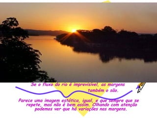 Se o fluxo do rio é imprevisível, as margens
                               também o são.

Parece uma imagem estática, igual, e que sempre que se
   repete, mas não é bem assim. Olhando com atenção
       podemos ver que há variações nas margens.
 