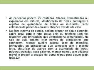 • As parlendas podem ser cantadas, faladas, dramatizadas ou
exploradas em leituras, identificação de rimas, contagem e
registro de quantidade de linhas ou ilustradas. Fazer
coletânea de parlendas ou adivinhações trazidas de casa.
• Na área externa da escola, podem brincar de pique esconde,
cabra cega, gato e rato, passa anel ou telefone sem fio,
(escolher uma brincadeira que vivenciam na comunidade). Na
sala de aula podem listar nomes de brincadeiras que
conhecem. Montar quebra cabeça, jogo da memória,
brinquedos ou brincadeiras que começam com a mesma
letra, classificar de acordo com a quantidade de letras,
palavras cruzadas, caça palavras, montar nomes com alfabeto
móvel e propor a criação de outra regras para algum jogo.
(pág.12)
 
